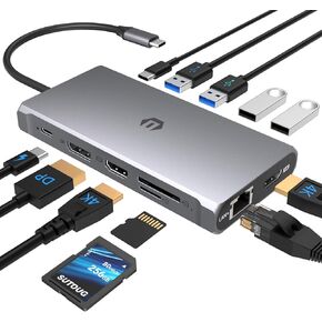 12 in 1 USB-C HUB Triple Displays, Mirror Mode, HDMI, Docking Station for Windows/Mac, 100W PD, SD/TF Card Reader, USB 3.0 Ports