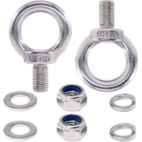 8Pcs 304 Stainless Steel M16 Male Thread Lifting Ring Eye Bolt Kit, Including 2Pcs M16 Eye Bolt with 2Pcs Lock Nuts, 2Pcs Lock Washers and 2Pcs Flat Washers