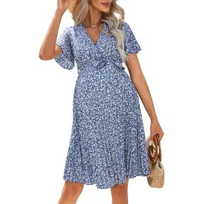 فستان أمومة متوسط ​​الطول صيفي برقبة على شكل V وأكمام قصيرة ملفوف مطوي فستان رضاعة لحفل استقبال الطفل وحزام لالتقاط الصور in Kuwait