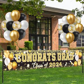 2024 Graduation Party Decorations, Black and Gold Graduation Yard Sign Congrats Grad Banner Class of 2024 with Balloons for 2024 High School College Graduation Party Decorations