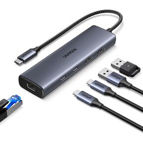 UGREEN USB C to Ethernet Adapter, 5 in 1 USB C Hub Ethernet with 2* USB-C 3.2 (10Gbps) + 1*USB-A 3.2/1*USB-A 2.0/Gigabit RJ45, Thunderbolt (3/4) to Network LAN Dongle for MacBook, XPS, iPad Pro