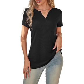a.Jesdnai Women's Short Sleeve V Neck Ribbed Knit T Shirts Henley Solid Color Summer Tunic Tops S,Dark Pink