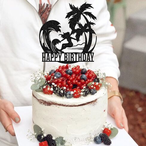 أعلى كعكة عيد ميلاد سعيد لركوب الأمواج، ديكورات حفلات أعياد الميلاد بطابع صيفي لشاطئ هاواي لركوب الأمواج باللون الأسود اللامع in Saudi Arabia