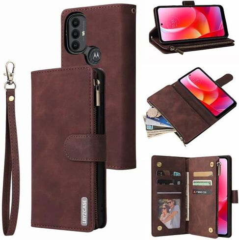 LBYZCASE Phone Case for Moto G Power 2022 Case,Motorola G Power(2022) Wallet Case,Luxury Folio Flip Leather Cover[Zipper Pocket][Wrist Strap][Kickstand ] for Motorola Moto G Power 2022 (Coffee) in Saudi Arabia