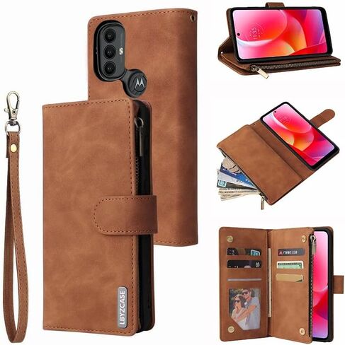 حافظة هاتف LBYZCASE لجراب Moto G Power 2022، حافظة محفظة Motorola G Power(2022)، غطاء جلدي فاخر قابل للطي [جيب بسحاب] [حزام معصم] [مسند] لهاتف Motorola Moto G Power 2022 (قهوة) in Kuwait