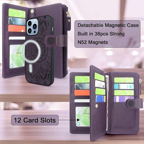 محفظة حافظة مغناطيسية قابلة للفصل لهاتف iPhone 13 Pro Max متوافقة مع MagSafe للشحن اللاسلكي، غطاء هاتف واقي، فتحات متعددة للبطاقات، عملة نقدية، سحاب، جيب، حزام معصم (أسود) in Saudi Arabia