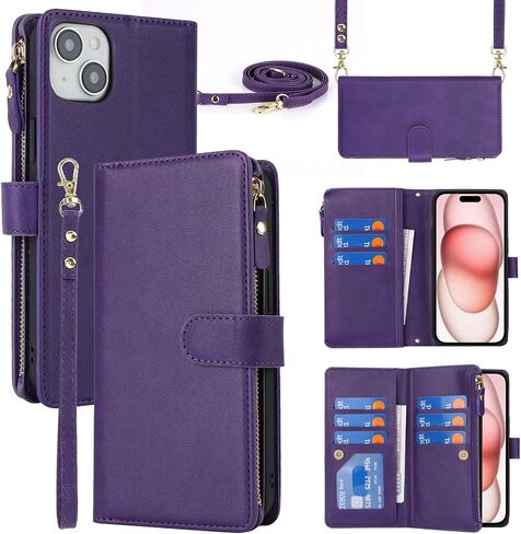 جراب Jaorty Crossbody iPhone 15 مع حبل حزام، جراب محفظة هاتف Apple iPhone 15 للنساء مع حامل بطاقات، جراب جلدي مغناطيسي قابل للطي لهاتف iPhone 15 مع محفظة، 6.1 بوصة ذهبي وردي in Kuwait