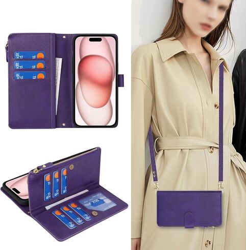 جراب Jaorty Crossbody iPhone 15 مع حبل حزام، جراب محفظة هاتف Apple iPhone 15 للنساء مع حامل بطاقات، جراب جلدي مغناطيسي قابل للطي لهاتف iPhone 15 مع محفظة، 6.1 بوصة ذهبي وردي in Kuwait