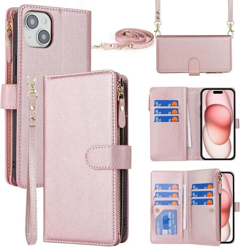 جراب Jaorty Crossbody iPhone 15 مع حبل حزام، جراب محفظة هاتف Apple iPhone 15 للنساء مع حامل بطاقات، جراب جلدي مغناطيسي قابل للطي لهاتف iPhone 15 مع محفظة، 6.1 بوصة ذهبي وردي in Kuwait
