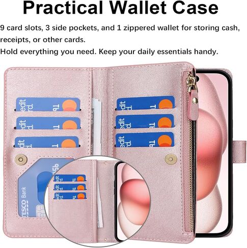 جراب Jaorty Crossbody iPhone 15 مع حبل حزام، جراب محفظة هاتف Apple iPhone 15 للنساء مع حامل بطاقات، جراب جلدي مغناطيسي قابل للطي لهاتف iPhone 15 مع محفظة، 6.1 بوصة ذهبي وردي in Kuwait
