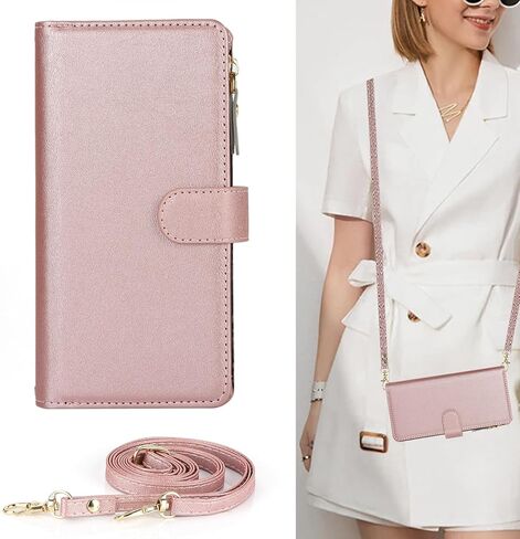 جراب Jaorty Crossbody iPhone 15 مع حبل حزام، جراب محفظة هاتف Apple iPhone 15 للنساء مع حامل بطاقات، جراب جلدي مغناطيسي قابل للطي لهاتف iPhone 15 مع محفظة، 6.1 بوصة ذهبي وردي in Kuwait