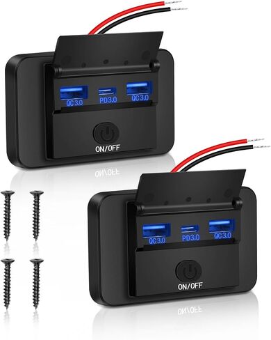 2 حزمة من 3 منافذ RV USB مع غطاء، 12 فولت/24 فولت لوحة شاحن مقبس USB للسيارة مع مفتاح PD3.0 نوع C وشحن سريع مزدوج QC3.0 USB للسيارات والشاحنات والقوارب والشاحنات والحافلات in Saudi Arabia