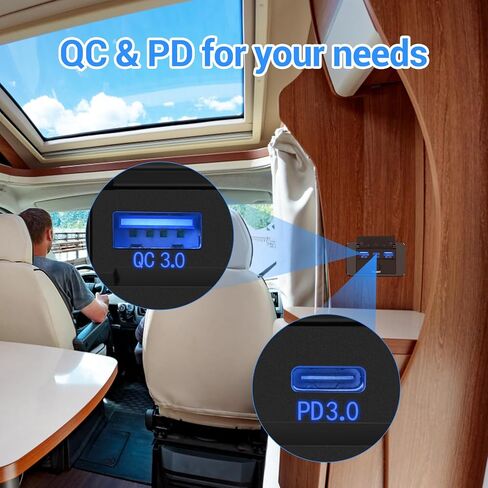 2 حزمة من 3 منافذ RV USB مع غطاء، 12 فولت/24 فولت لوحة شاحن مقبس USB للسيارة مع مفتاح PD3.0 نوع C وشحن سريع مزدوج QC3.0 USB للسيارات والشاحنات والقوارب والشاحنات والحافلات in Saudi Arabia