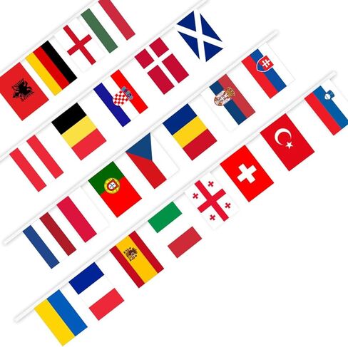 25 قدمًا 24 قطعة من أعلام الدول الأوروبية الصغيرة على سلسلة - 8 × 5 بوصات كأس أوروبا لكرة القدم 2024 سلسلة راية لتزيين الحفلات، والحانات، والنوادي الرياضية، والمهرجانات المدرسية، والاحتفالات in Kuwait
