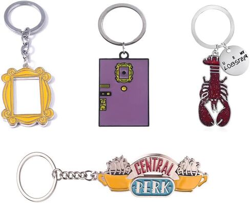 سلسلة مفاتيح برنامج بيست فريندز التلفزيوني إطار باب مونيكا، قهوة بيرك المركزية، جراد البحر، إطار صورة أصفر فضي هدية حلقة مفاتيح السيارة لعيد الميلاد لمحبي الأصدقاء (مجموعة من 4) in Kuwait