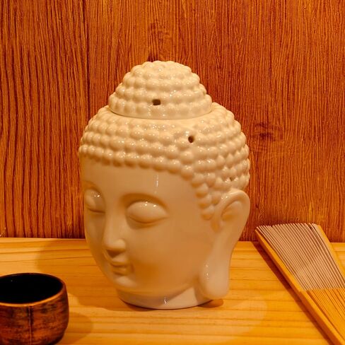 Porcelain Zen Garden Yoga Meditation White Thai Buddha Head Statue Essential Oil Burner Aromatherapy Diffuser Home Decor (White) in Saudi Arabia