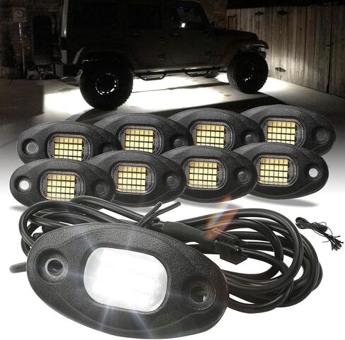 SUNPIE 8 Pods Aluminium Metal White Rock Lights 24 6000K Pure White Car UnderGlow Light with 4M Extension Wires, IP67 Waterproof for Trailer Trucks Sedans SUV ATV UTV Boats in Saudi Arabia