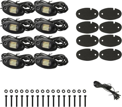 SUNPIE 8 Pods Aluminium Metal White Rock Lights 24 6000K Pure White Car UnderGlow Light with 4M Extension Wires, IP67 Waterproof for Trailer Trucks Sedans SUV ATV UTV Boats in Saudi Arabia