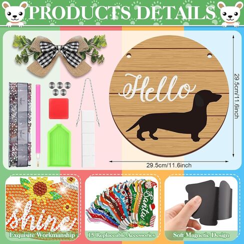 GlikCeil 16 Pcs Magnetic Diamond Painting Kit Interchangeable Welcome Sign Seasonal Door Hanging Sign Rustic Dachshund Dog DIY Detachable Home Decor for Porch Wall Summer 4th of July(Classic Style) in Saudi Arabia