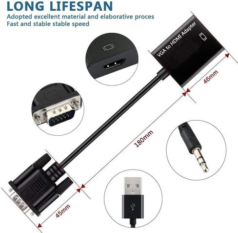 VGA To HDMI Adapter, JLX VGA Male to HDMI Female Cable Converter Adapter with 3.5mm audio and USB charge Support for Connecting Old PC, Laptop with a VGA output to NEW Monitor, HDTV in Saudi Arabia
