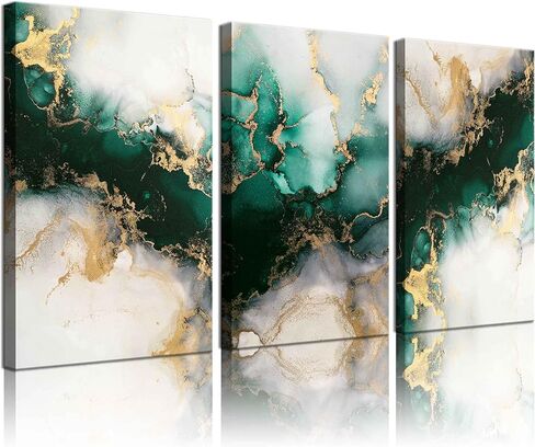 3 Piecs Emerald Green and Gold Canvas Wall Art Modern Abstract Glam Fluid Marble Painting Pictures Living room Wall Decor Posters Prints for Bedroom Bathroom Office Home Decoration in Saudi Arabia