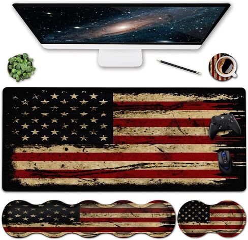 Mouse Pad Wrist Support Set, Extended Gaming Mouse Pad and Ergonomic Memory Foam Keyboard Wrist Rest for Office,Home, XXL Waterproof Writing pad Large Desk Pad, Vintage American Flag Mouse Mat in Saudi Arabia
