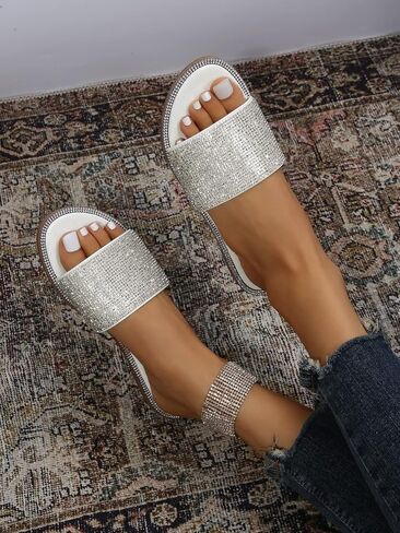 GORGLITTER Women's Rhinestone Glitter Slide Sandals Decor Open Toe Outdoors Flat Slippers White CN40 in Saudi Arabia