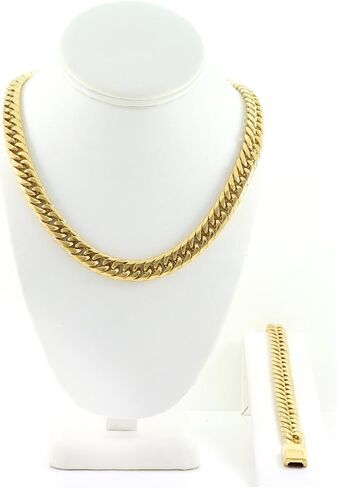 Mens Thick Tight Link Yellow Gold Finish Solid Stainless Steel 12mm Miami Cuban Link Chain/Bracelet Box Lock 20-30 inches Bracelet 8-10 inches in Saudi Arabia