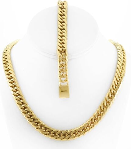 Mens Thick Tight Link Yellow Gold Finish Solid Stainless Steel 12mm Miami Cuban Link Chain/Bracelet Box Lock 20-30 inches Bracelet 8-10 inches in Saudi Arabia