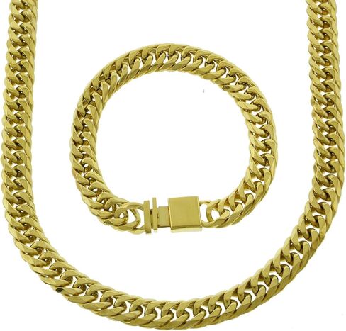 Mens Thick Tight Link Yellow Gold Finish Solid Stainless Steel 12mm Miami Cuban Link Chain/Bracelet Box Lock 20-30 inches Bracelet 8-10 inches in Saudi Arabia