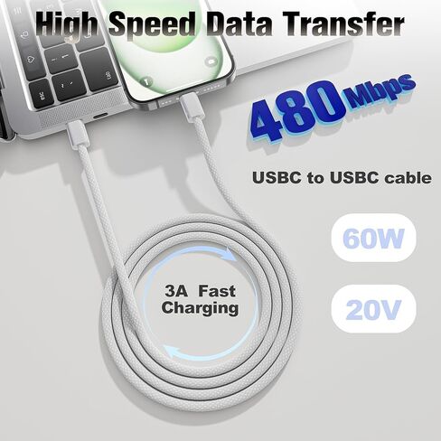 شاحن سيارة iPhone، كابل شحن منسوج USB-C بقدرة 60 وات يدعم Apple Carplay متوافق مع iPhone 15/Plus/Pro/Pro Max/MacBook Pro/iPad Pro/Mini/Air، Samsung Galaxy S23/S22 (2Pack-1M) in Saudi Arabia