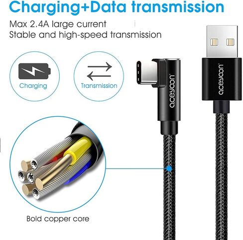 aceyoon كابل USB C قصير 20 سم / 0.6 قدم، 90 درجة مضفر الزاوية اليمنى سلك USB C شكل L USB نوع C للشحن ومزامنة البيانات سلك USB A إلى USB C شاحن لجهاز Galaxy S10 S9 S8، Pixel، Moto، LG G5 G6 in Kuwait