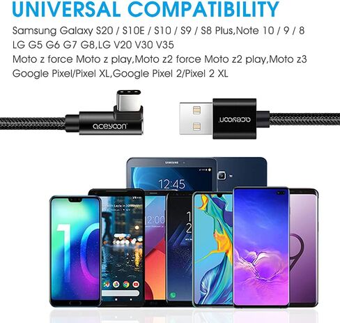 aceyoon كابل USB C قصير 20 سم / 0.6 قدم، 90 درجة مضفر الزاوية اليمنى سلك USB C شكل L USB نوع C للشحن ومزامنة البيانات سلك USB A إلى USB C شاحن لجهاز Galaxy S10 S9 S8، Pixel، Moto، LG G5 G6 in Kuwait