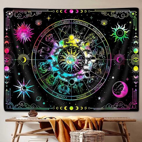 VEIGIKE Zodiac Astrology Blacklight Tapestry UV Reactive, Constellation Sun and Moon Stars Black Light Art Poster for Men Room Bedroom Decor, Psychedelic Glow in the Dark Blanket Party Decor 60"X40" in Saudi Arabia