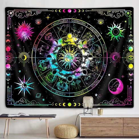 VEIGIKE Zodiac Astrology Blacklight Tapestry UV Reactive, Constellation Sun and Moon Stars Black Light Art Poster for Men Room Bedroom Decor, Psychedelic Glow in the Dark Blanket Party Decor 60"X40" in Saudi Arabia