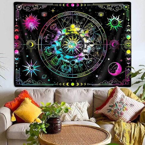 VEIGIKE Zodiac Astrology Blacklight Tapestry UV Reactive, Constellation Sun and Moon Stars Black Light Art Poster for Men Room Bedroom Decor, Psychedelic Glow in the Dark Blanket Party Decor 60"X40" in Saudi Arabia