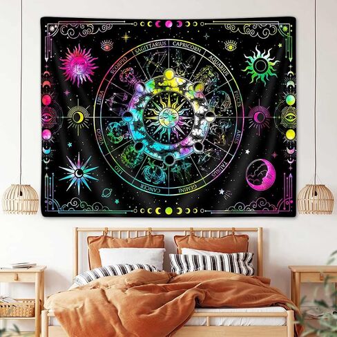 VEIGIKE Zodiac Astrology Blacklight Tapestry UV Reactive, Constellation Sun and Moon Stars Black Light Art Poster for Men Room Bedroom Decor, Psychedelic Glow in the Dark Blanket Party Decor 60"X40" in Saudi Arabia