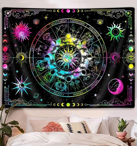VEIGIKE Zodiac Astrology Blacklight Tapestry UV Reactive, Constellation Sun and Moon Stars Black Light Art Poster for Men Room Bedroom Decor, Psychedelic Glow in the Dark Blanket Party Decor 60"X40" in Saudi Arabia