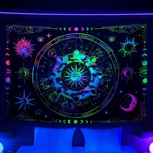 VEIGIKE Zodiac Astrology Blacklight Tapestry UV Reactive, Constellation Sun and Moon Stars Black Light Art Poster for Men Room Bedroom Decor, Psychedelic Glow in the Dark Blanket Party Decor 60"X40" in Saudi Arabia
