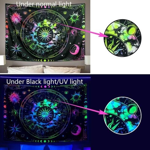 VEIGIKE Zodiac Astrology Blacklight Tapestry UV Reactive, Constellation Sun and Moon Stars Black Light Art Poster for Men Room Bedroom Decor, Psychedelic Glow in the Dark Blanket Party Decor 60"X40" in Saudi Arabia