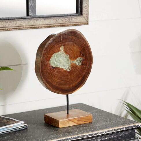 Deco 79 Teak Wood Abstract Decorative Sculpture Home Decor Statue with Resin Embedded, Accent Figurine 10" x 4" x 12", Brown in Saudi Arabia