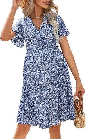 فستان أمومة متوسط ​​الطول صيفي برقبة على شكل V وأكمام قصيرة ملفوف مطوي فستان رضاعة لحفل استقبال الطفل وحزام لالتقاط الصور in Kuwait