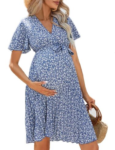 Maternity Midi Dress Summer V Neck Short Sleeve Wrap Pleated Nursing Dress Baby Shower Photoshoot Belt in Saudi Arabia