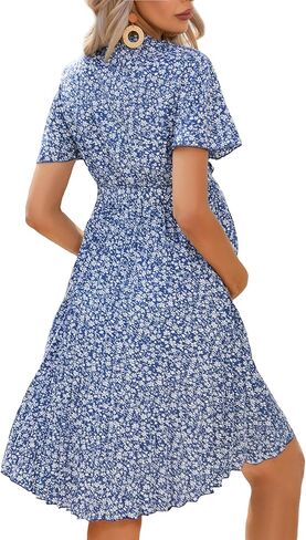Maternity Midi Dress Summer V Neck Short Sleeve Wrap Pleated Nursing Dress Baby Shower Photoshoot Belt in Saudi Arabia