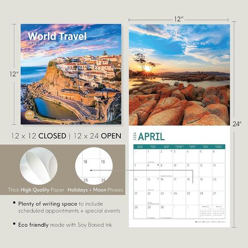 2024 World Travel Monthly Wall Calendar by Bright Day, 12 x 12 Inch Destiantions Vacation Sunset Ocean Moutains Scenic in Saudi Arabia