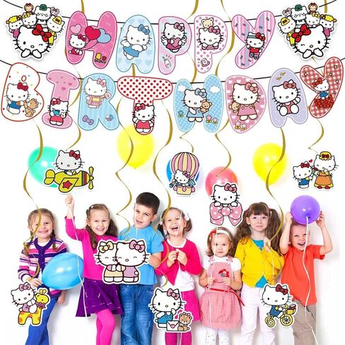 لافتة زينة لأعياد الميلاد من بارتي كيتي وحفلات كرتونية ودوامات معلقة للأطفال والأولاد والبنات من لوازم حفلات عيد ميلاد كيتي السعيدة. in Kuwait