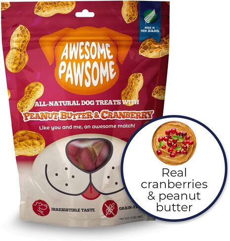 Awesome Pawsome Peanut Butter & Cranberry, All Natural Dog Treat, Grain Free Snacks for Dogs of All Ages, Fun Bite-Sized Shapes Dog Treats, Crafted in New Zealand, 3oz in Saudi Arabia