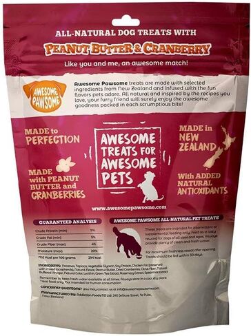 Awesome Pawsome Peanut Butter & Cranberry, All Natural Dog Treat, Grain Free Snacks for Dogs of All Ages, Fun Bite-Sized Shapes Dog Treats, Crafted in New Zealand, 3oz in Saudi Arabia