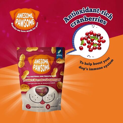 Awesome Pawsome Peanut Butter & Cranberry, All Natural Dog Treat, Grain Free Snacks for Dogs of All Ages, Fun Bite-Sized Shapes Dog Treats, Crafted in New Zealand, 3oz in Saudi Arabia
