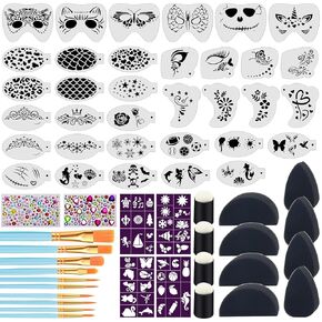 34+28Pcs Face Paint Stencils Kit, Suboyica 34 Pcs Plastic Facial Painting Stencils Reusable Body Paint Templates for Party Halloween Face Makeup Stencils With Brushes, Sponge, Stickers, Diamond